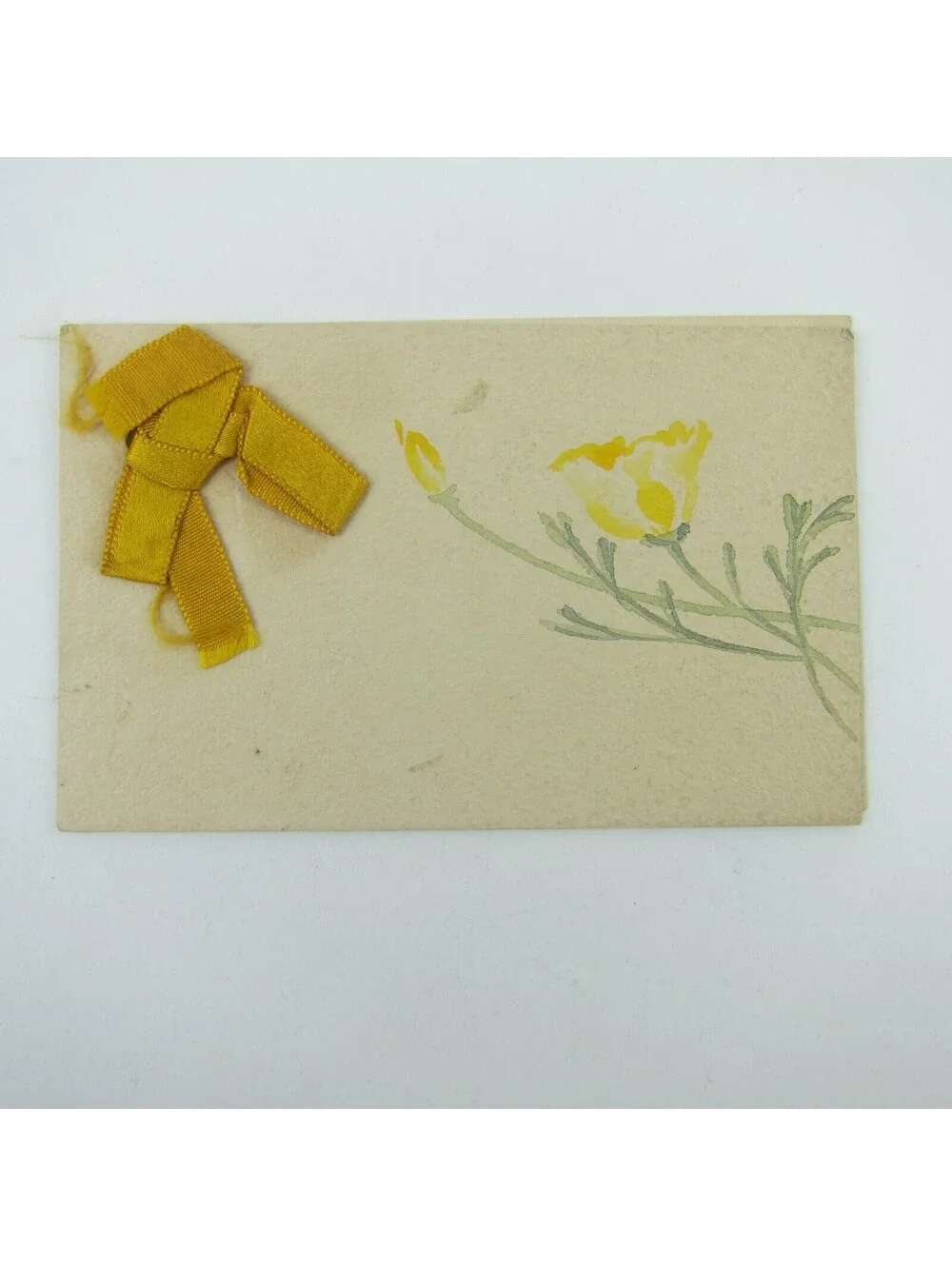 Victorian Calling Card Watercolor Yellow Poppy Flowers Ribbon Bow Antique 1900